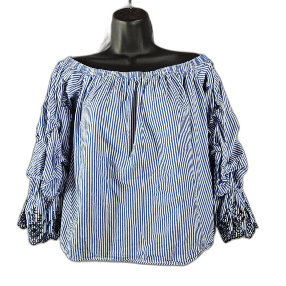 Astr Tops - ASTR L Cotton Puff Sleeve Blue Top Matress Stripe Blouse off Shoulder Summer